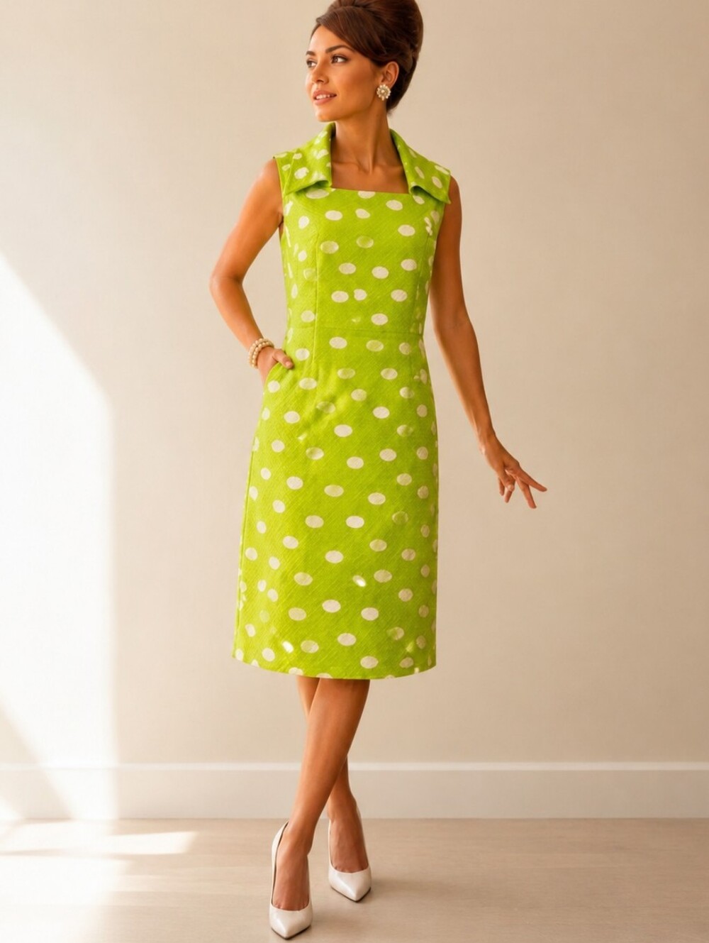 Y2K Lime Green Polka Dot Mod Dress 60s Inspo Retro Glam Hostess Wiggle Size 12